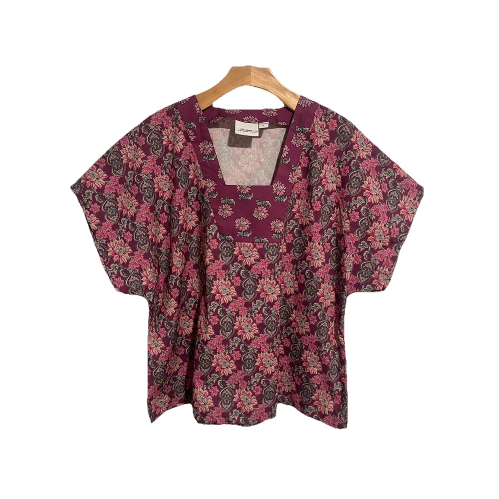 Vermont Country Store Maroon Floral Peasant Blouse Large